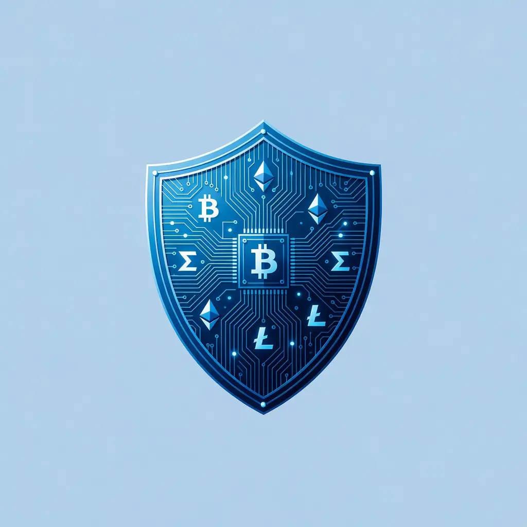 Символ защищённой криптовалютной транзакции с электронными компонентами, иллюстрирующий безопасность платежей при закупке радиодеталей