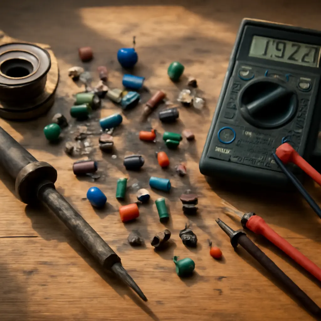 Набор радиодеталей и инструментов на рабочем столе