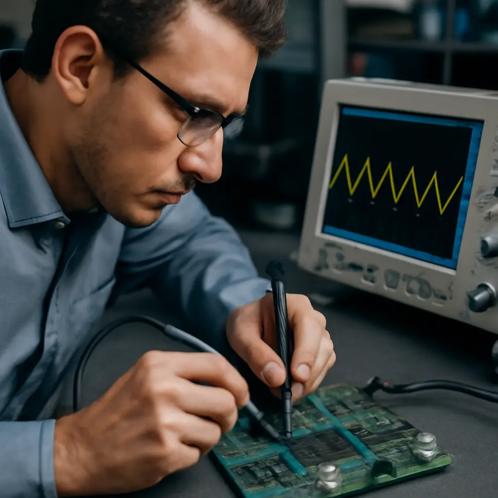 Инженер проводит диагностику печатной платы с осциллографом