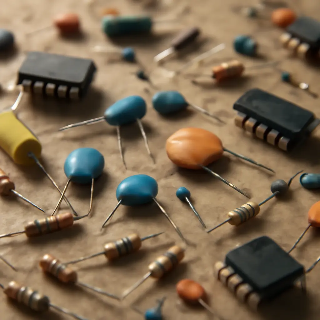 Гора радиодеталей Разбросанные радиодетали на столе, разные корпуса и маркировки