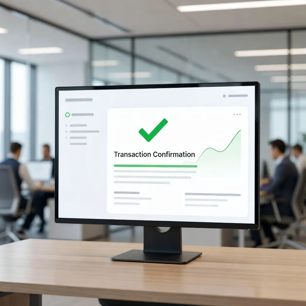 Интерфейс криптообменника для B2B-расчётов Экран компьютера с интерфейсом криптообменника, показывающим процесс обмена криптовалюты для международных бизнес-расчётов