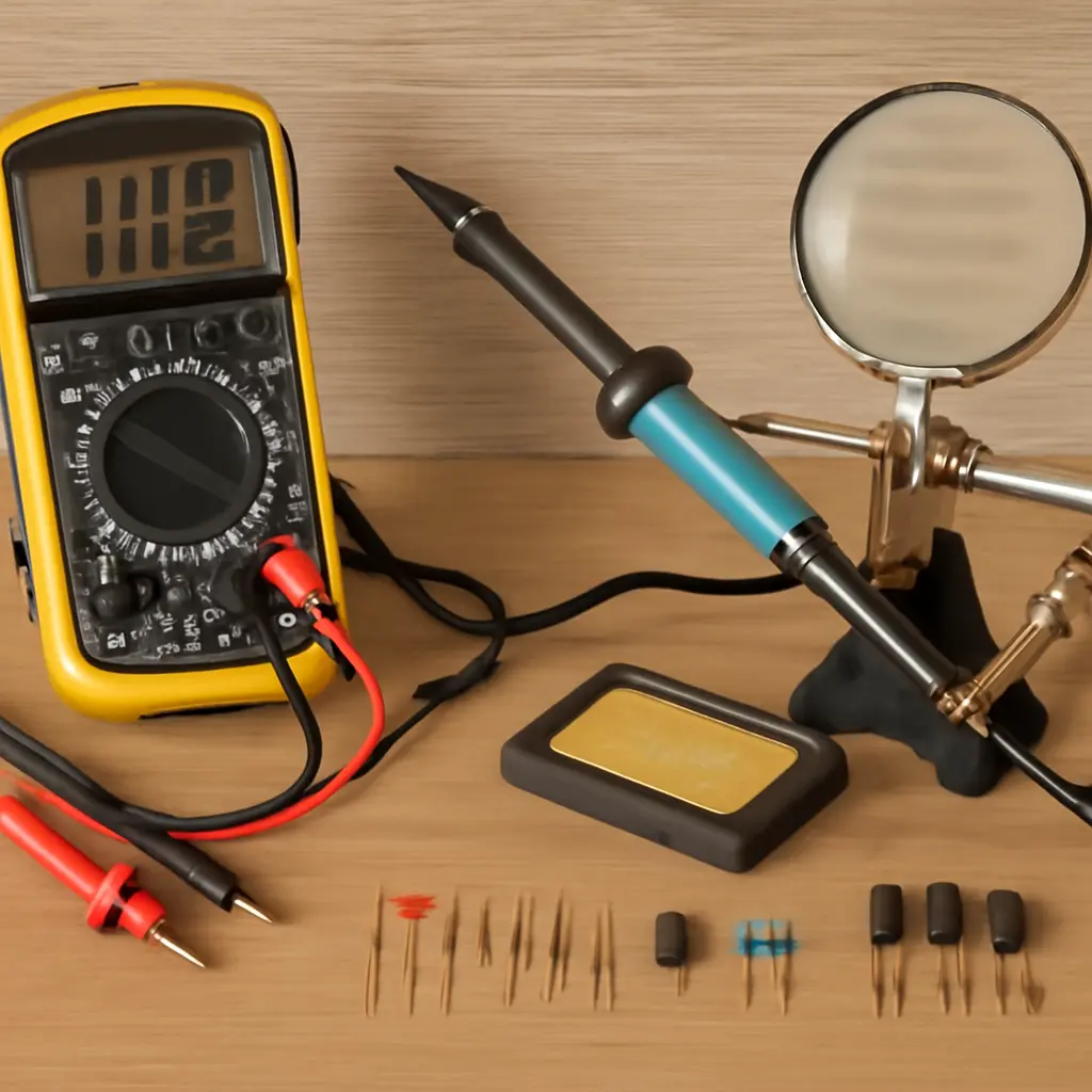 Инструменты для проверки радиодеталей: мультиметр, паяльник, оптическая лупа