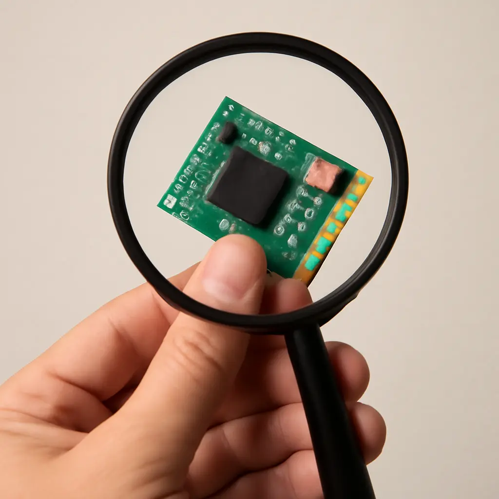 Рука держит радиодеталь с увеличительным стеклом