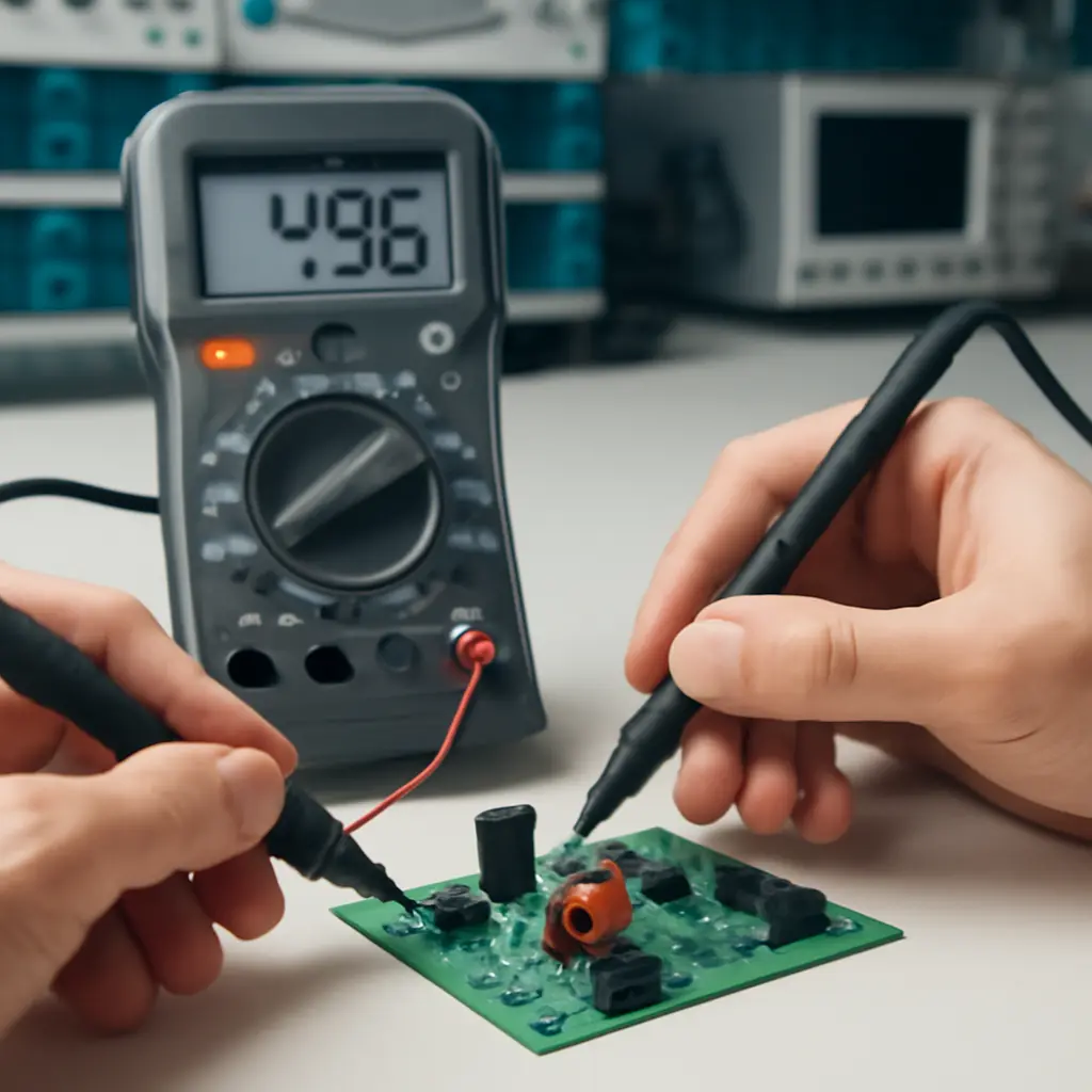 Специалист проверяет радиодетали с помощью мультиметра на рабочем месте