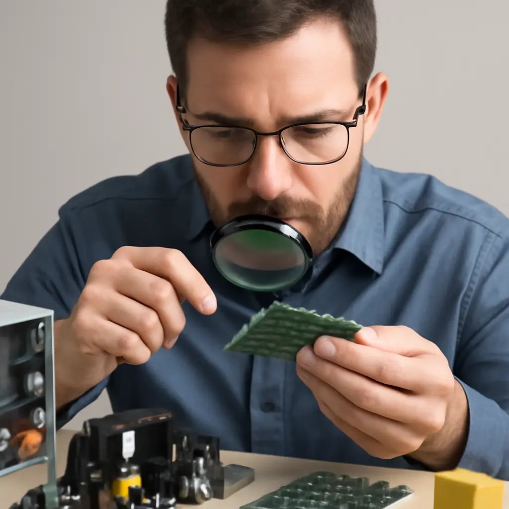 Инженер проверяет радиодетали на столе с инструментами