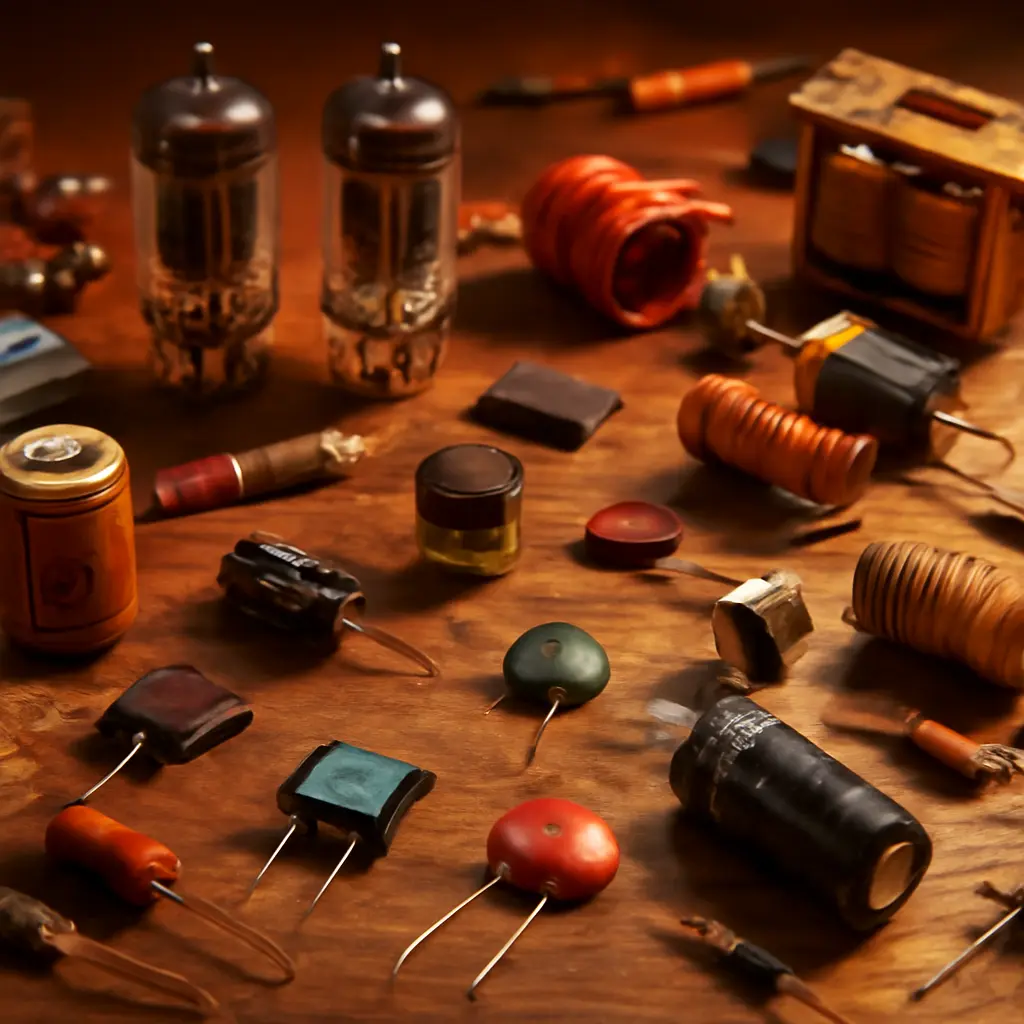 Различные радиодетали и электронные компоненты, разложенные на рабочем столе мастера