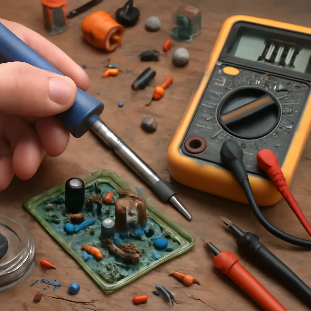 Набор радиодеталей и инструментов на рабочем столе