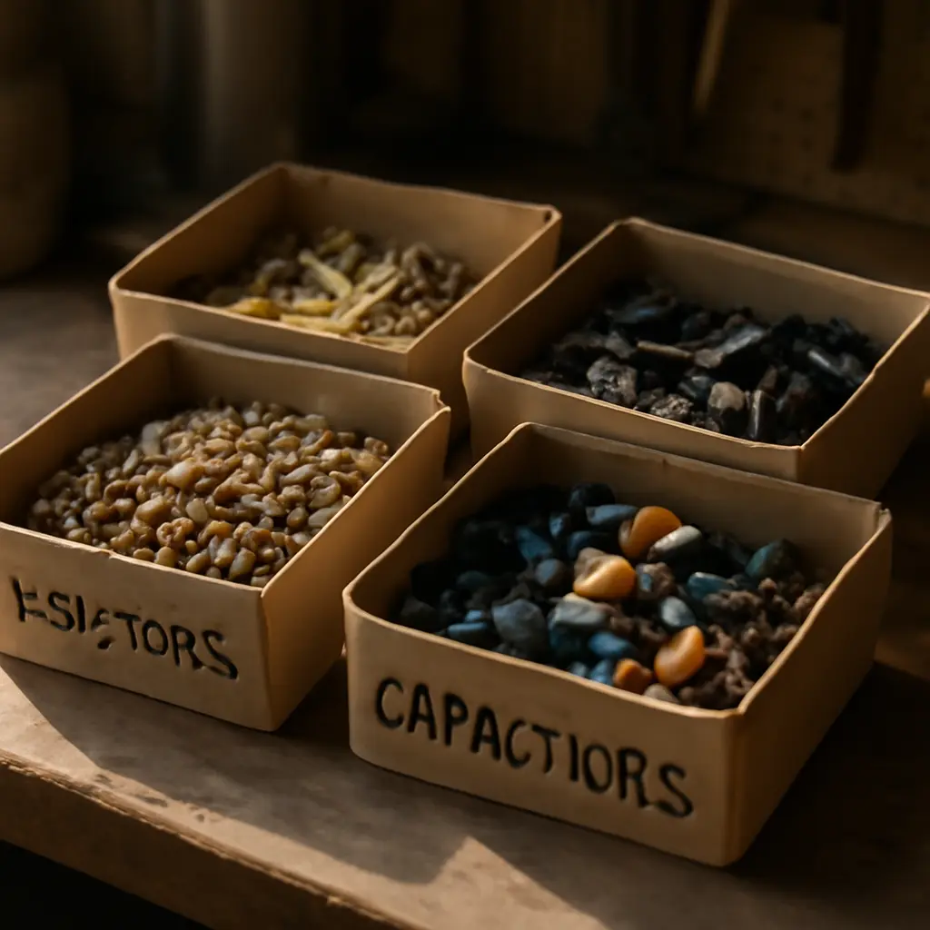 Коробки с радиодеталями разных типов в мастерской