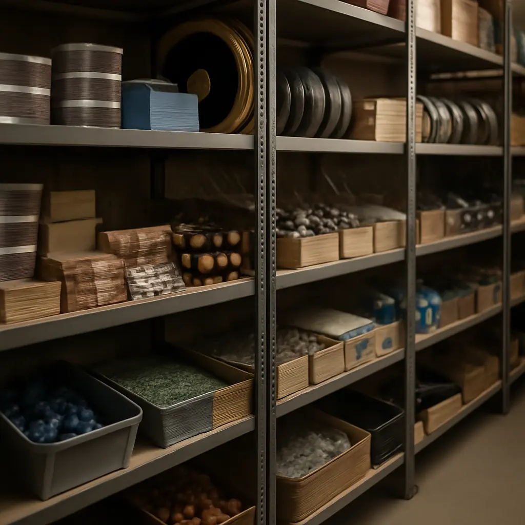 Полки со старыми радиодеталями на складе